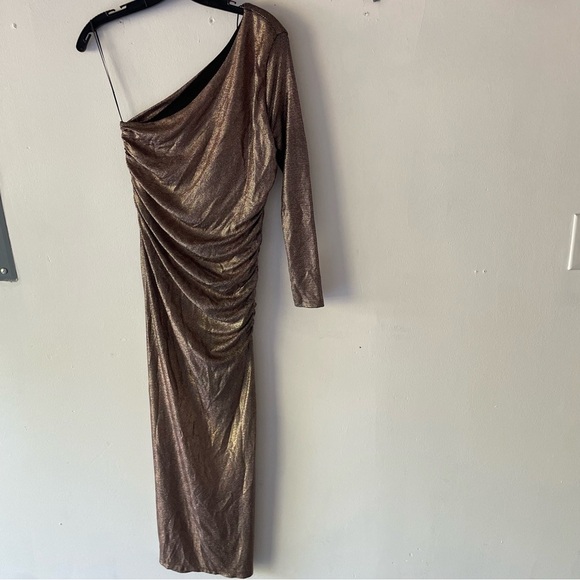 Zara metallic sparkly bronze one shoulder ruched gown dress 37599 - Picture 2 of 12